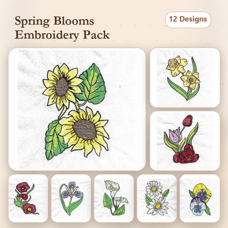 Spring Flowers Embroidery Bundle – Sunflower, Daffodil, Tulip, Rose & More (12 Designs)
