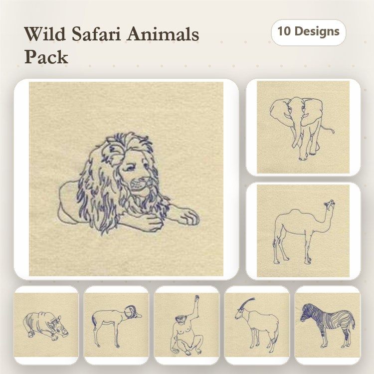 Redwork Wild Safari Animals Embroidery Bundle – Lion, Elephant, Camel & More (10 Designs)