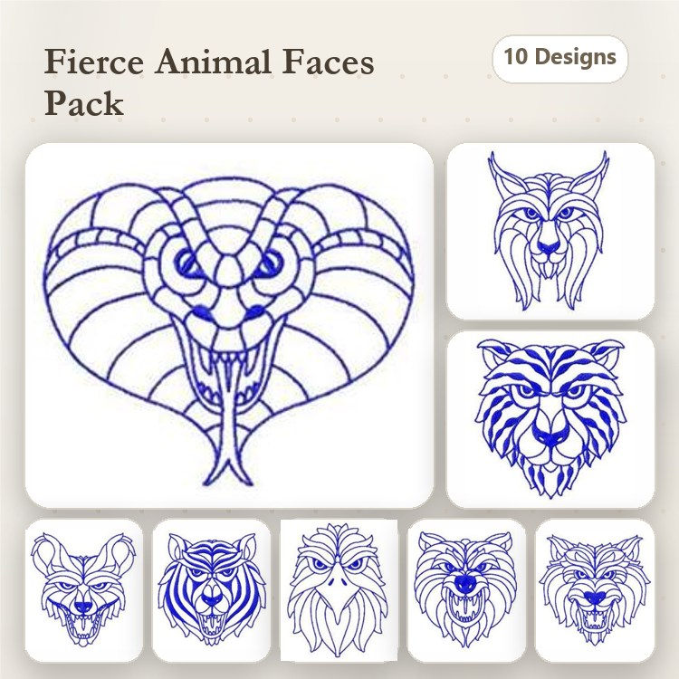 Redwork Animal Faces Embroidery Bundle – Cobra, Wolf, Tiger, Lion & More (10 Designs)