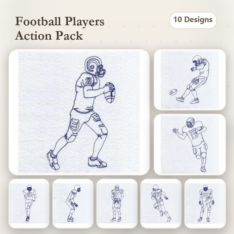 Redwork Football Players Embroidery Designs Bundle – Passing, Running, Kicking & More (10 Designs)