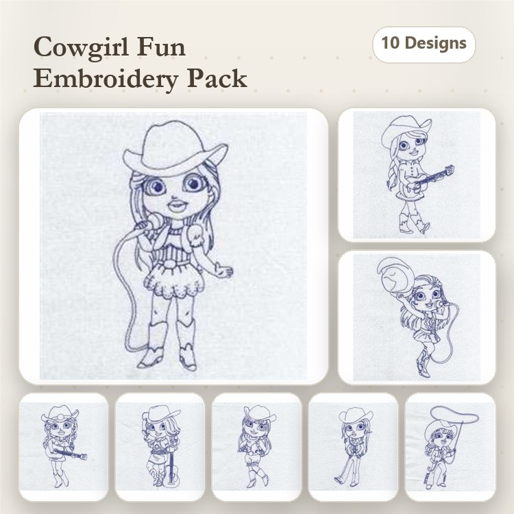 Redwork Cowgirl Characters Embroidery Designs Bundle – Cowgirl with Guitar, Cowgirl with Lasso, Cowgirl in Hat & More (10 Designs)