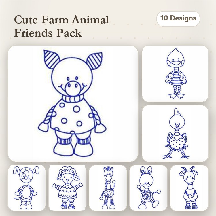 Pig, Giraffe & Bunny Embroidery Bundle – Cute Animal Designs (10 Designs)