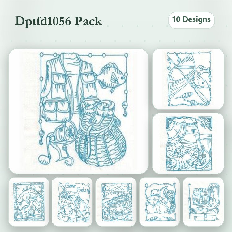 Redwork Fishing Embroidery Designs Bundle – Fishing Vest, Dog with Fishing Basket, Gone Fishing Sign & More (10 Designs)