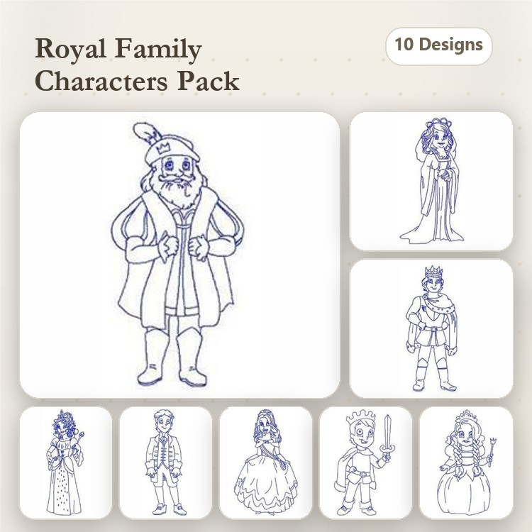 Redwork Royal Family Characters Embroidery Bundle – King, Queen, Prince, Princess & More (10 Designs)