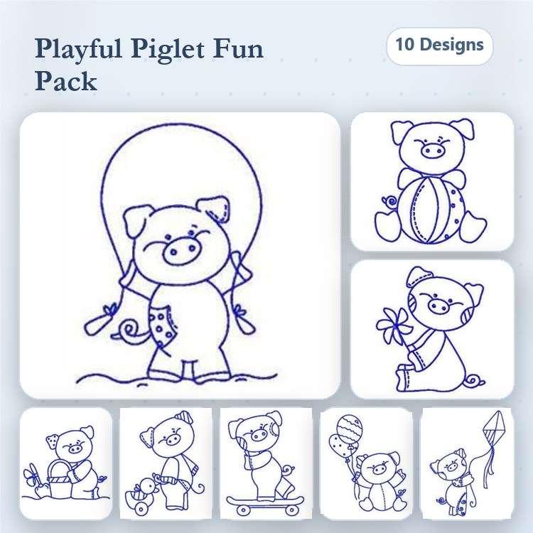 Redwork Piglet Characters Embroidery Bundle – Piglet with Balloon, Happy Piglet with Ball, & More (10 Designs)