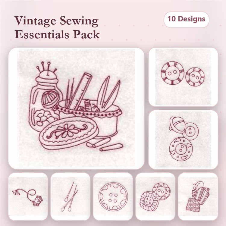 Redwork Vintage Sewing Tools Embroidery Bundle – Sewing Basket, Buttons, Scissors & More (10 Designs)
