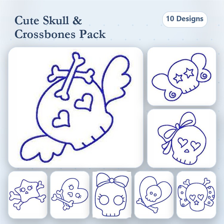 Redwork Skulls & Crossbones Embroidery Designs Bundle – Heart Skull with Wings, Skull with Bow, Star Skull with Crossbones & More (10 Designs)