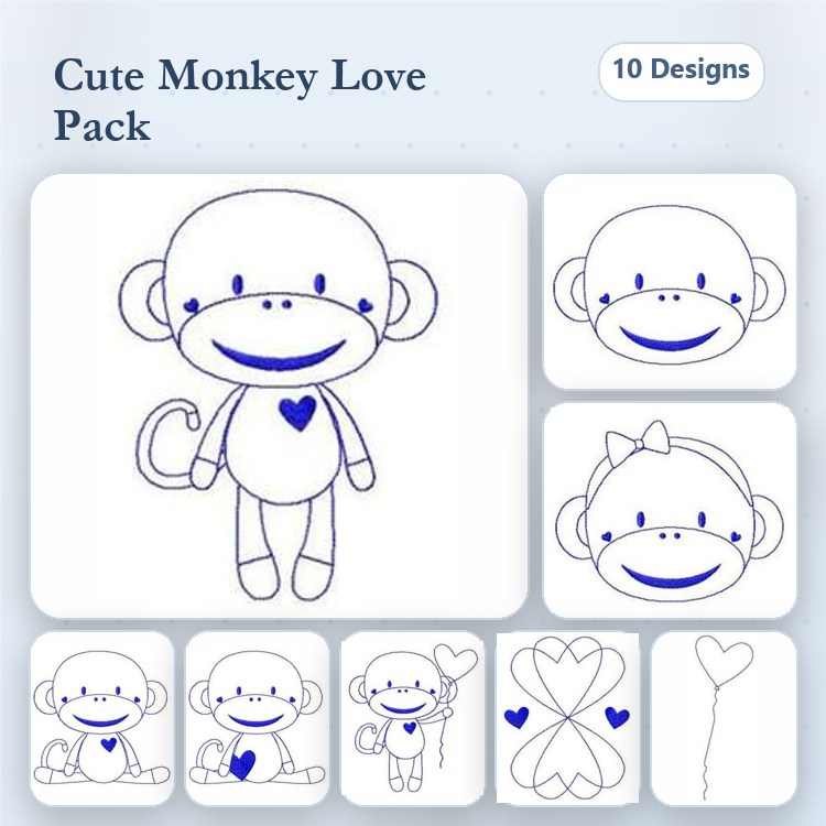 Redwork Cute Monkey Embroidery Bundle – Happy Monkey with Heart, Monkey Holding Heart, Balloons & More (10 Designs)