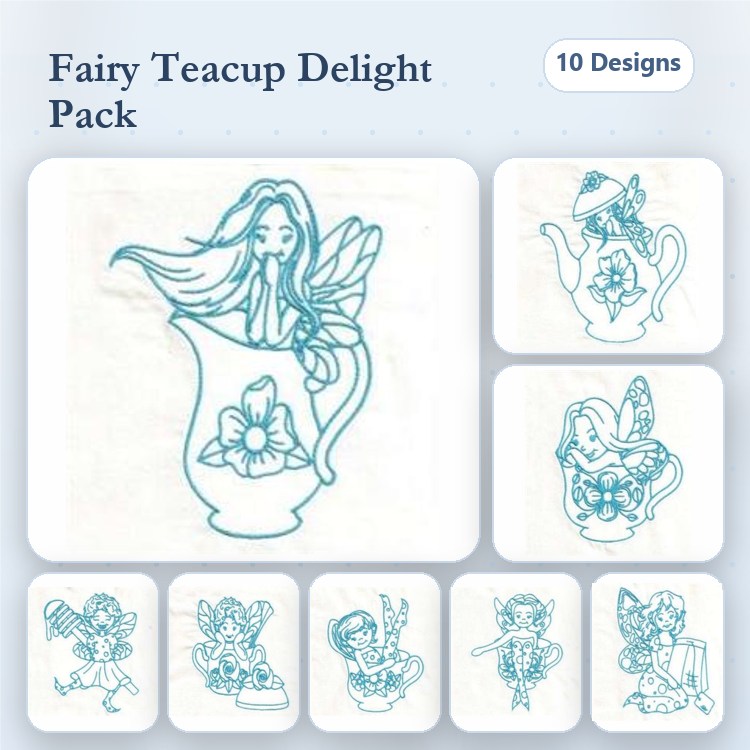 Redwork Fairy Teacups Embroidery Designs Bundle – Fairy with Teacup, Teapot, & More (10 Designs)