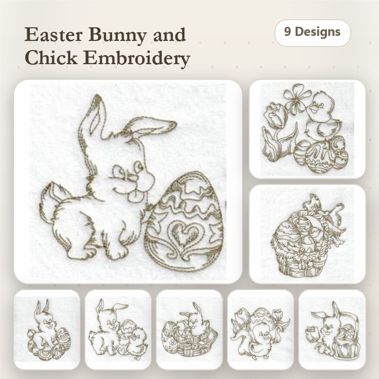 Redwork Easter Bunny & Chick Embroidery Designs Bundle – Bunny with Egg, Chick and Flowers, Basket of Eggs & More (9 Designs)