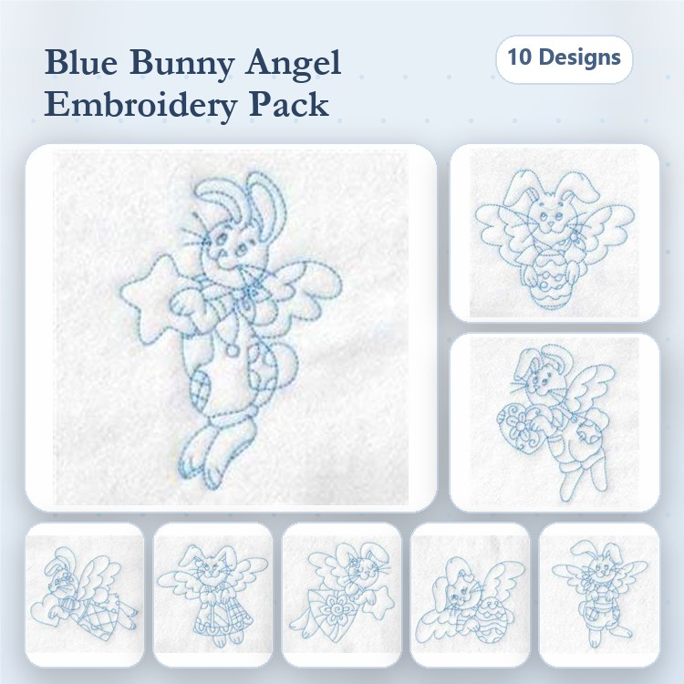 Redwork Bunny Angels Embroidery Designs Bundle – Bunny Angel with Star, Bunny Angel with Heart, & More (10 Designs)
