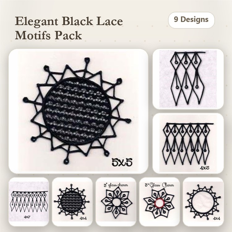 FSL Elegant Black Lace Embroidery Bundle – Lace Sunburst, Lace Floral Circle, Lace Diamond Pattern & More (9 Designs)