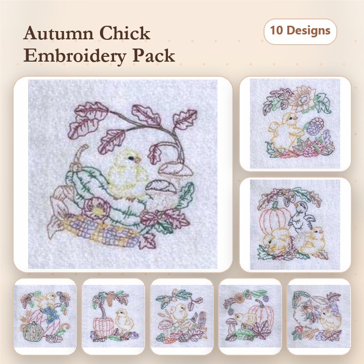 Autumn Chick Embroidery Bundle – Chick with Pumpkin, Chick in Nest, Chick Gathering Harvest & More (10 Designs)