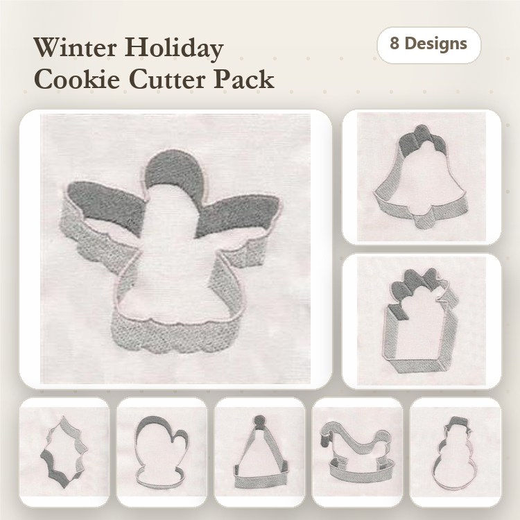 ITH Winter Holiday Cookie Cutters Embroidery Bundle – Angel, Bell, Gingerbread, Tree & More (8 Designs)