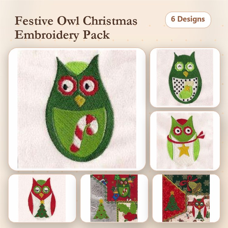 Festive Owl Christmas Embroidery Bundle – Candy Cane Owl, Star Owl, Ornament Owl & More (6 Designs)