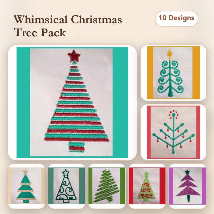 Whimsical Christmas Trees Embroidery Designs Bundle – Striped, Curly, Pointy & More (10 Designs)