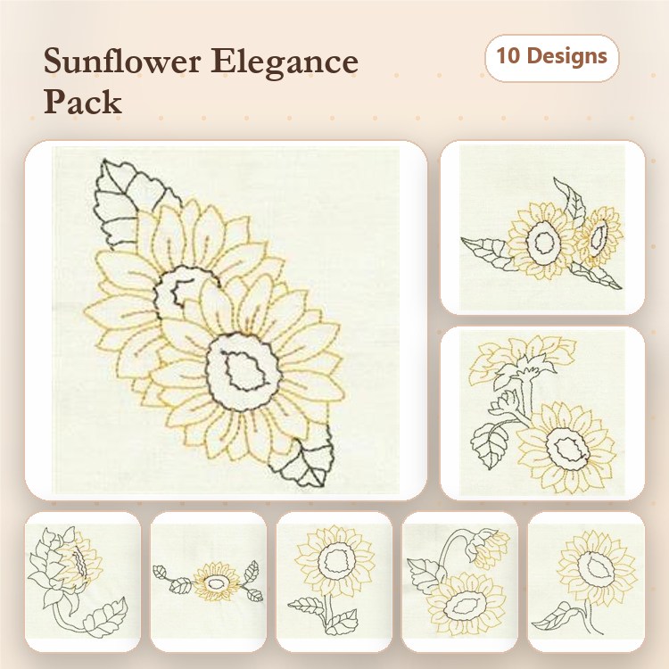 Redwork Sunflower Embroidery Bundle – Sunflower Branch, Single Sunflower, Sunflower with Leaves & More (10 Designs)