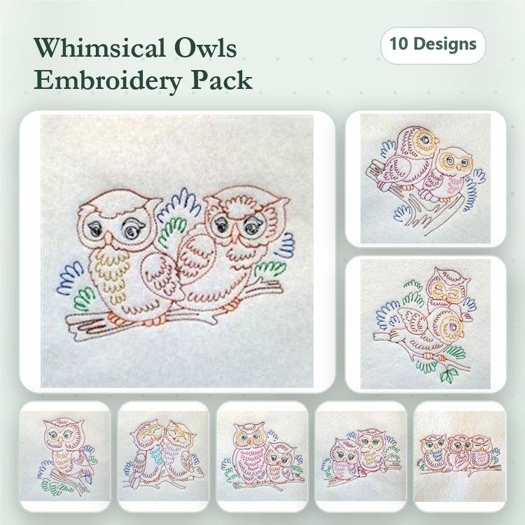 Redwork Whimsical Owls Embroidery Bundle – Owl on Branch, Owl with Glasses, Owl Family & More (10 Designs)