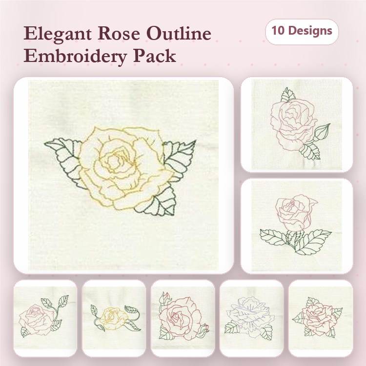 Redwork Rose Embroidery Bundle – Elegant Rose Outline 1, Elegant Rose Outline 2, Elegant Rose Outline 3 & More (10 Designs)