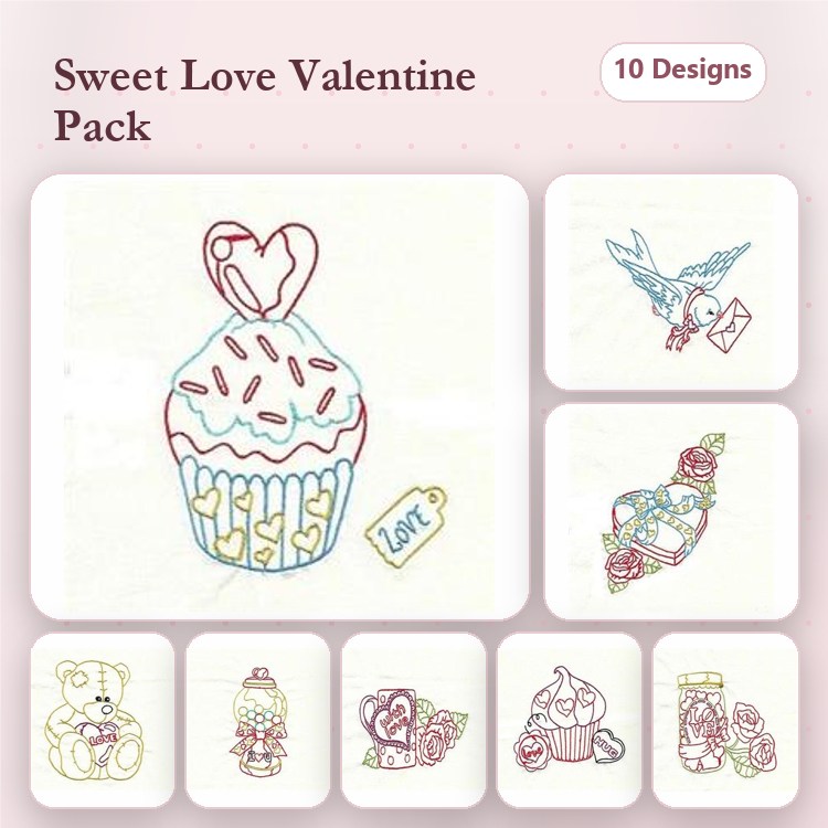 Redwork Valentine's Day Embroidery Designs Bundle – Cupcake with Heart, Love Birds, Rose Bouquet & More (10 Designs)