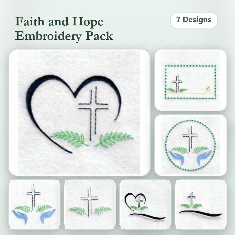 Faith and Hope Embroidery Bundle – Cross in Heart, Cross with Leaves, Floral Cross & More (7 Designs)
