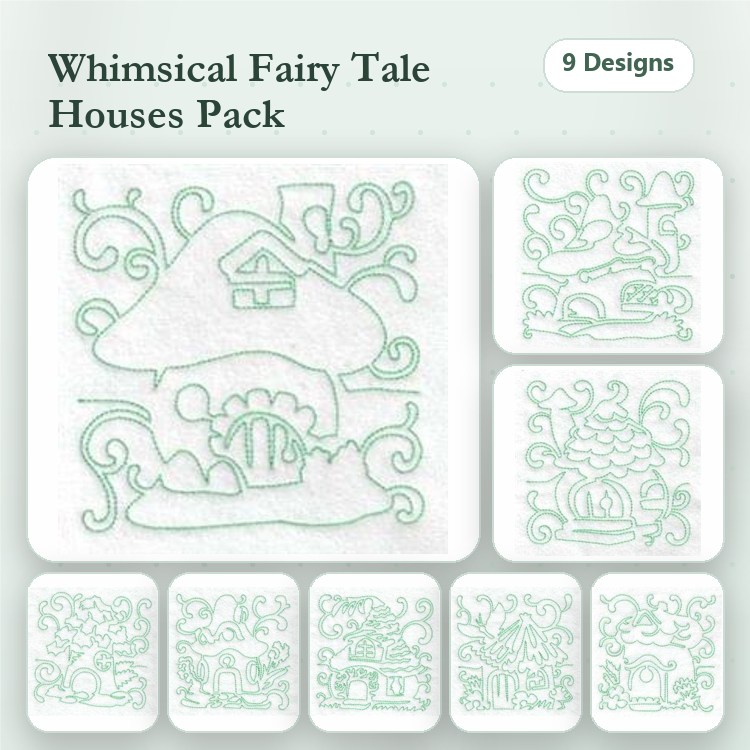 Redwork Fairy Tale Houses Embroidery Bundle – Whimsical Fairy Tale House 1, Whimsical Fairy Tale House 2, & More (9 Designs)