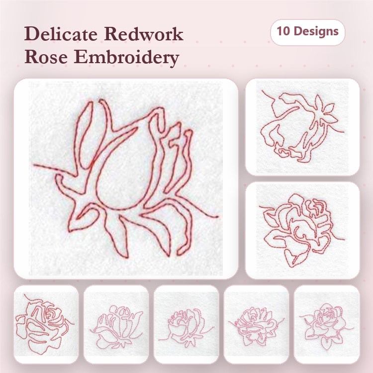 Redwork Rose Embroidery Designs Bundle – Single Rose Outline, Full Bloom Rose, Rose Cluster & More (10 Designs)