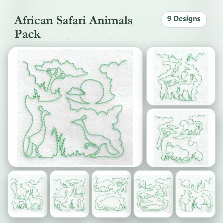 Redwork African Safari Animals Embroidery Bundle – Giraffe, Elephant, Lion, Zebra & More (9 Designs)