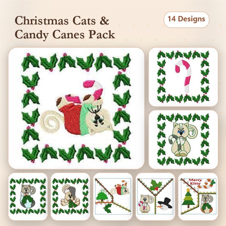 Christmas Cats & Candy Canes Embroidery Designs Bundle – Cat in a Gift Box, Candy Cane, Koala & More (14 Designs)