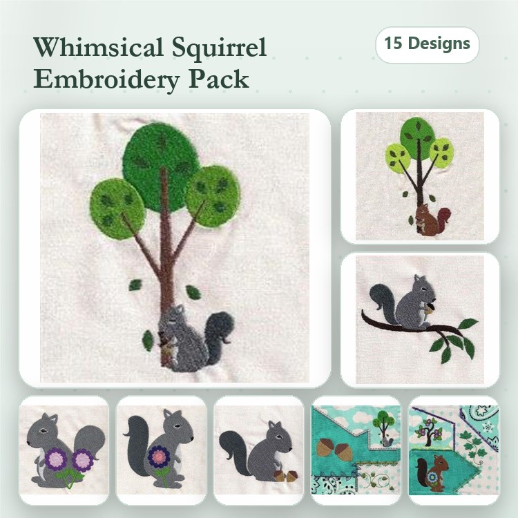 Squirrel Embroidery Designs Bundle – Squirrel with Acorn, Squirrel Family, Squirrel and Friends & More (15 Designs)