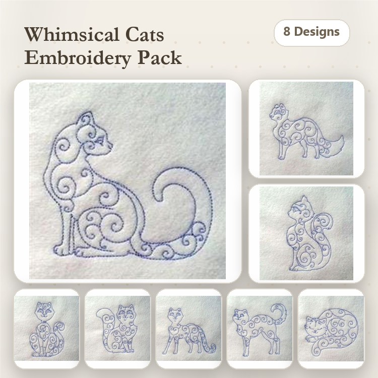 Redwork Whimsical Cat Embroidery Designs Bundle – Sitting Cat, Playful Cat, Cat with Swirls & More (8 Designs)