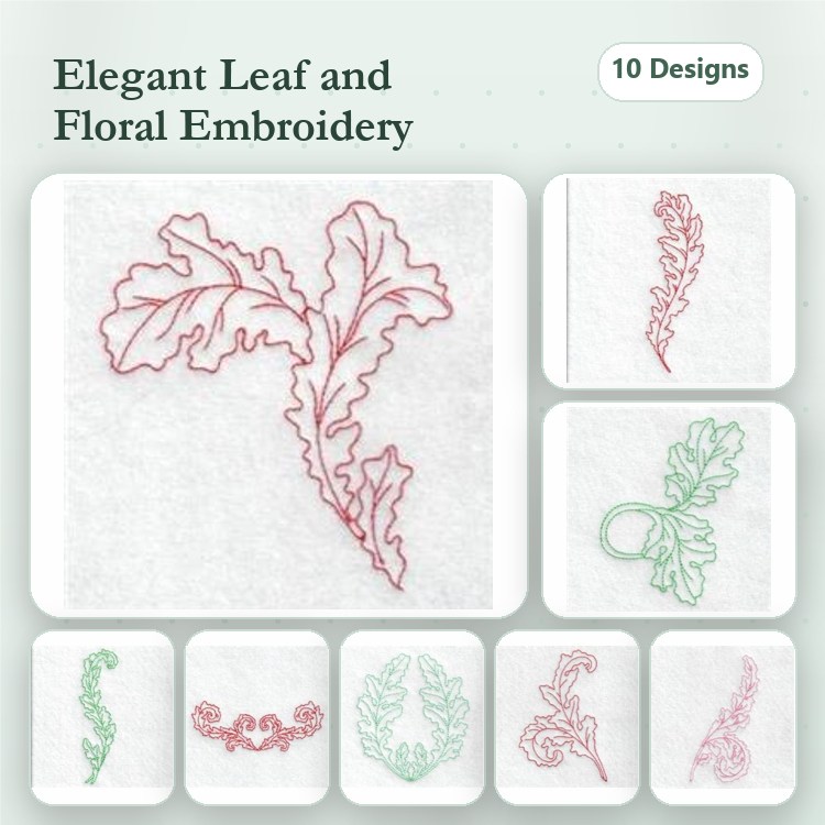 Redwork Elegant Leaf & Floral Embroidery Designs Bundle – Leaf Design, Floral Vine, Ornate Leaf & More (10 Designs)