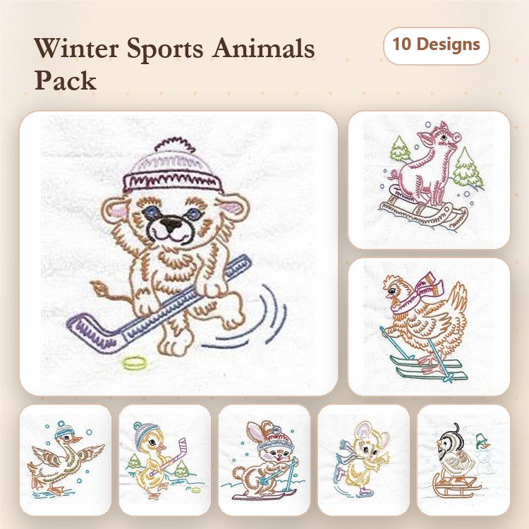 Redwork Winter Sports Animals Embroidery Bundle – Skiing Bear, Skiing Deer, Sledding Penguin & More (10 Designs)