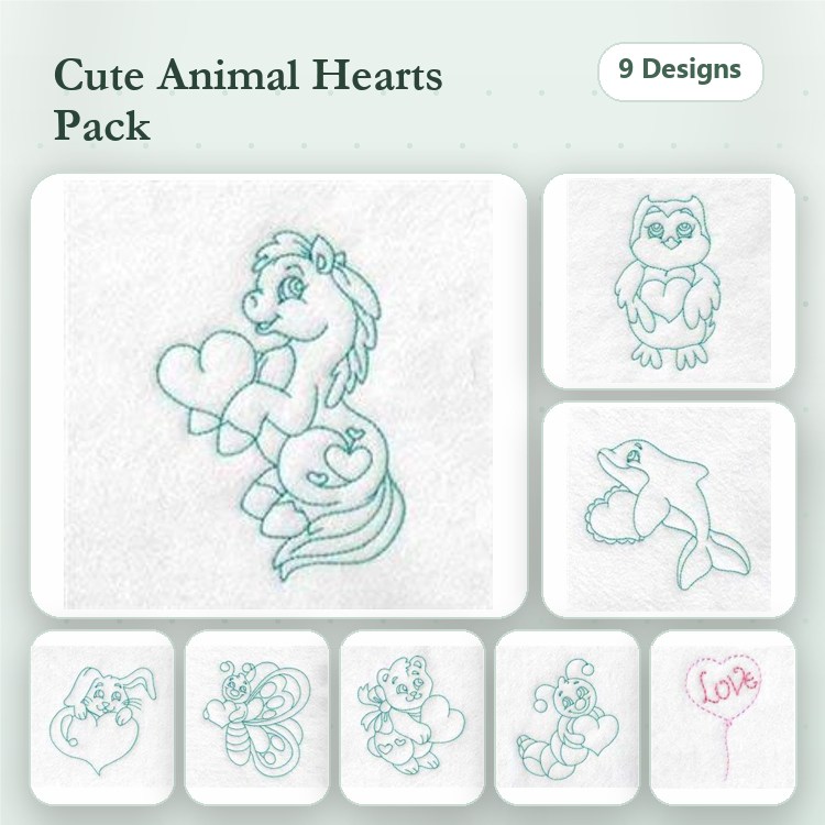 Redwork Cute Animals Embroidery Bundle – Pony, Owl, Dolphin, Butterfly & More (9 Designs)