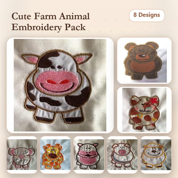 Animal Embroidery Bundle – Bear, Cow, Koala, Giraffe, Hippo, Pig (8 Designs)