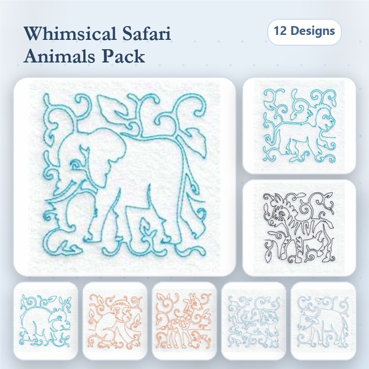 Safari Animals Embroidery Bundle – Elephant, Lion, Giraffe, Zebra & More (12 Designs)