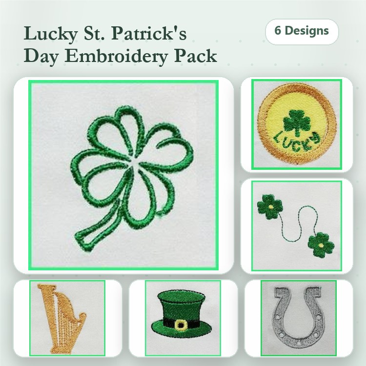St. Patrick's Day Embroidery Bundle – Shamrock, Lucky Circle, Green Clover & More (6 Designs)