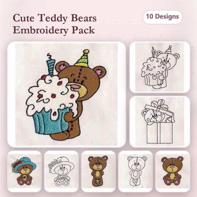 Cute Teddy Bears Embroidery Bundle – Teddy Bear with Cupcake, Gift, Party Hat & More (10 Designs)