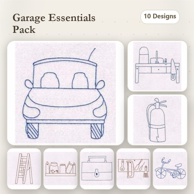 Redwork Garage Essentials Embroidery Bundle – Car, Workbench, Fire Extinguisher & More (10 Designs)
