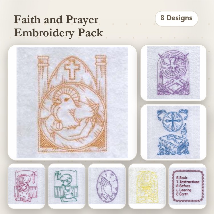 Redwork Faith and Prayer Embroidery Designs Bundle – Cross with Lamb, Dove with Olive Branch, Praying Hands & More (8 Designs)