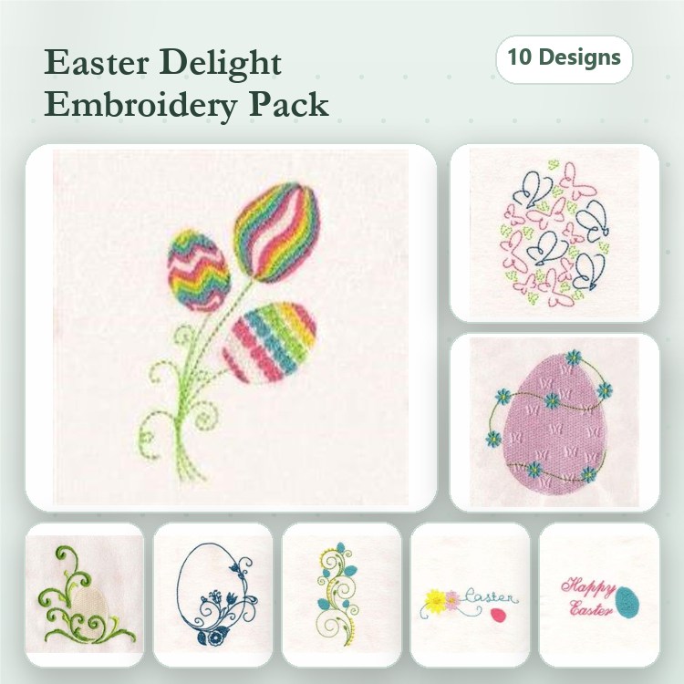 Easter Eggs & Spring Embellishments Embroidery Bundle – Colorful Eggs, Floral Egg, Happy Easter & More (10 Designs)