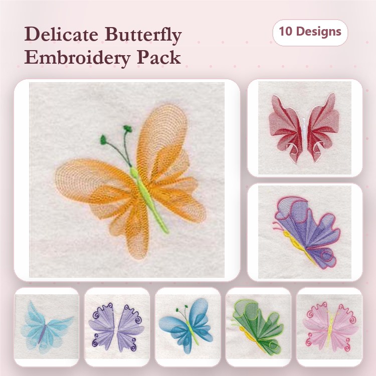 Rippled Delicate Butterflies Embroidery Designs Bundle – Orange, Pink, Blue & More (10 Designs)