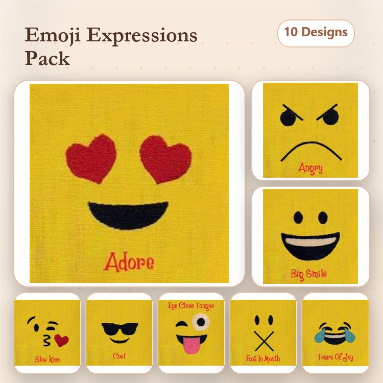 Emoji Expressions Embroidery Designs Bundle – Adore Emoji, Angry Emoji, Big Smile Emoji & More (10 Designs)