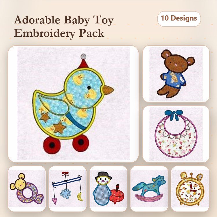 Applique Adorable Baby Toys Embroidery Bundle – Duck Toy, Bear Toy, Bib & More (10 Designs)