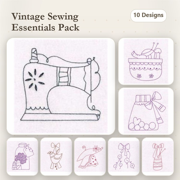 Redwork Vintage Sewing Essentials Embroidery Designs Bundle – Antique Sewing Machine, Sewing Basket with Thread, Jar of Buttons & More (10 Designs)