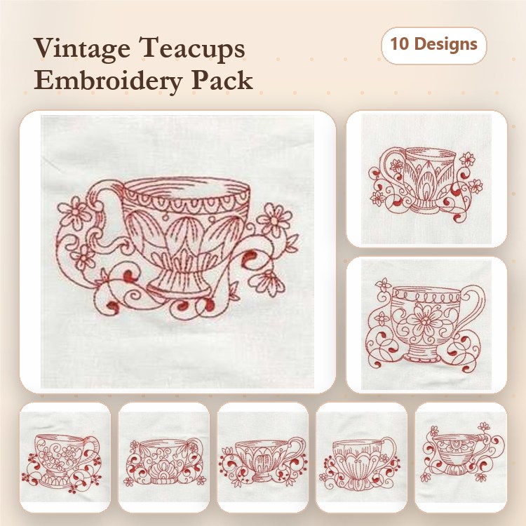 Redwork Teacup Embroidery Designs Bundle – Decorative Teacup with Flowers, Swirly Teacup, Flowered Teacup & More (10 Designs)