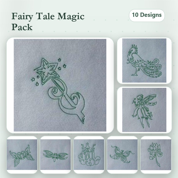 Redwork Fairy Tale Embroidery Designs Bundle – Fairy Wand, Peacock, Fairy Girl & More (10 Designs)