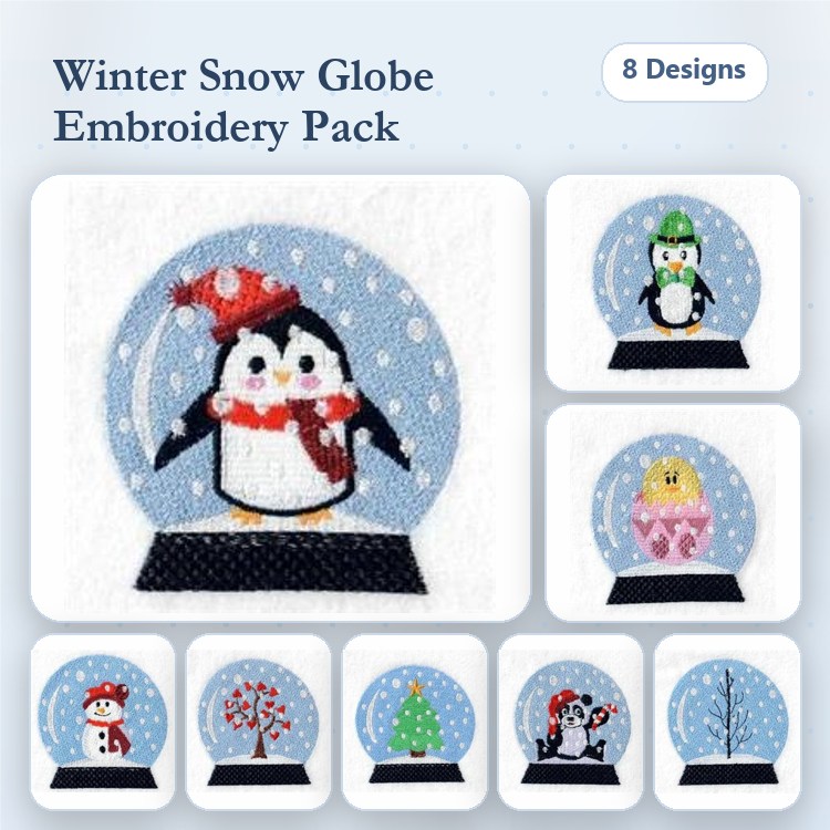 Winter Snow Globe Embroidery Bundle – Penguin, Snowman, Christmas Tree & More (8 Designs)