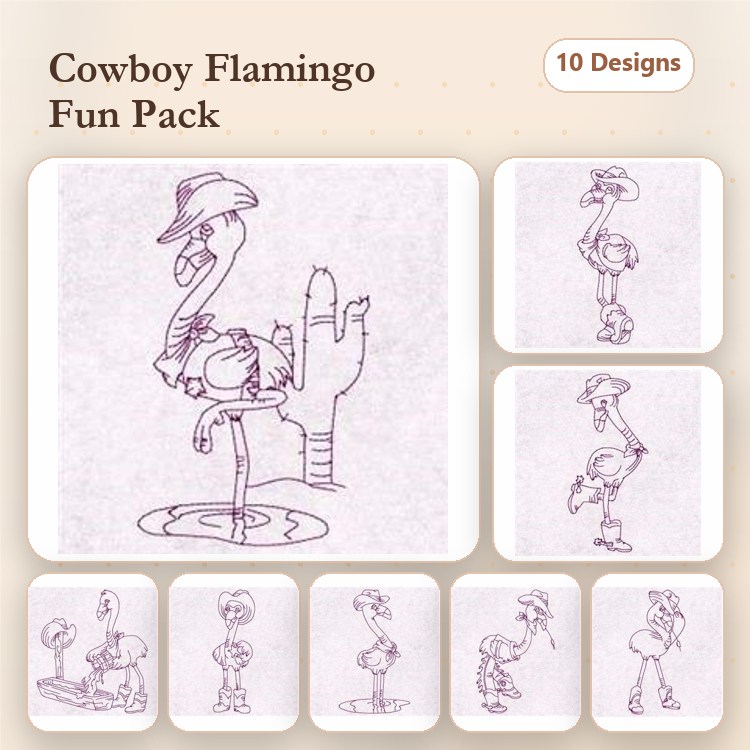 Redwork Cowboy Flamingos Embroidery Designs Bundle – Flamingo with Hat, Flamingo Playing Guitar, & More (10 Designs)