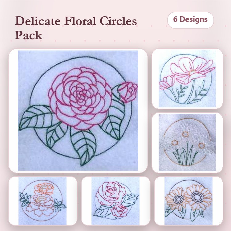 Redwork Floral Circle Embroidery Bundle – Rose, Daisy, Wildflower & More (6 Designs)